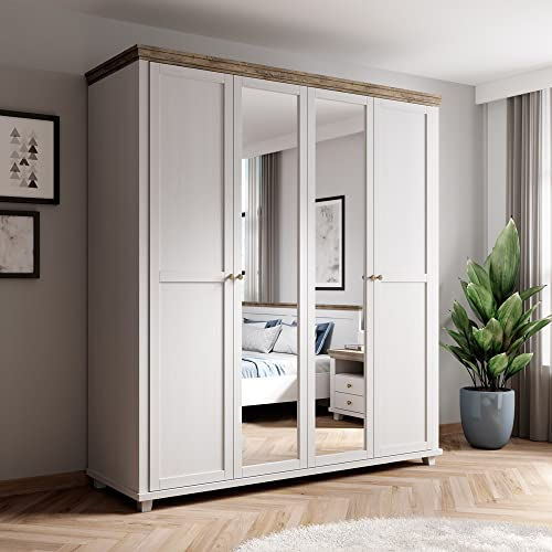 Lomadox Kleiderschrank Landhausstil 200 cm breit mit 2 Spiegeln, 4 türig, in weiß Abisko Esche Nb. mit Lefkas Eiche Nb., B/H/T: ca. 200/216/62 cm