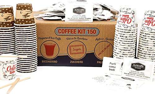 AURACAFFE' Bicchieri in Carta per Caffè 75 ml da 300 pezzi con 300 palettine e 300 bustine di zucchero (kit accessori)