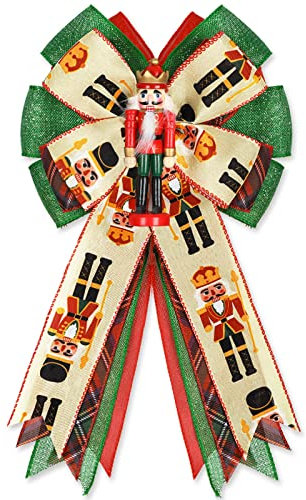 Whaline Christmas Wreath Bow Red Green Nutcracker Burlap Bow with Pendant Xmas Tree Topper Ornaments Gift Bow for Christmas Party Supplies Home Wall Door Fence Decoration, 11 x 16.5inch