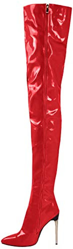 Stivali Alti alla Coscia da Donna, Scarpe con Tacco in Pelle con Tacco a Spillo da Donna Stivali sopra Il Ginocchio da Donna,Rosso,37.5 EU
