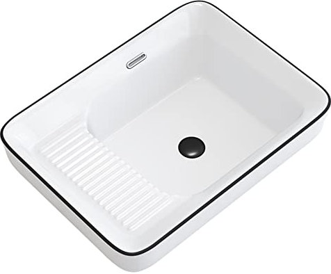WAOCEO Baño Lavabo Fregadero de baño de cerámica Blanca, Fregadero de Porcelana sobre encimera de 22 × 16,5 con combinación de Tabla de Lavar y Drenaje emergente, Rectangular Fregadero del baño