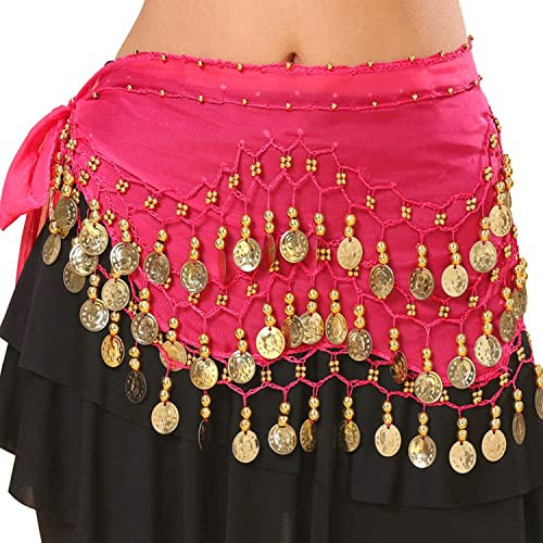 Carnavalife Pañuelo Danza del Vientre, Falda de Pañuelo con Monedas de Lentejuelas Brillantes, Cinturón Danza del Vientre Mujer (Fucsia)