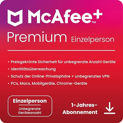 McAfee+ Premium Einzelplatz (Unbegrenzte Anzahl von Geräten) 2025 |12 Monate|Secure VPN, Cybersicherheitssoftware mit Virenschutz, Kennwort-Manager, Identitätsüberwachung |Digitaler download