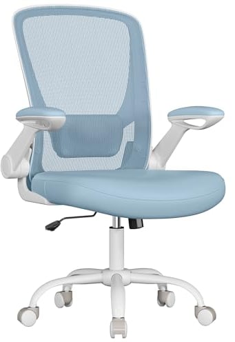 SONGMICS Sedia da Ufficio Girevole, Sedia di Rete da Computer Ergonomica, Supporto Lombare, Oscillante, Seduta 53 cm, Braccioli Pieghevoli, Blu Nebbia OBN037Q01