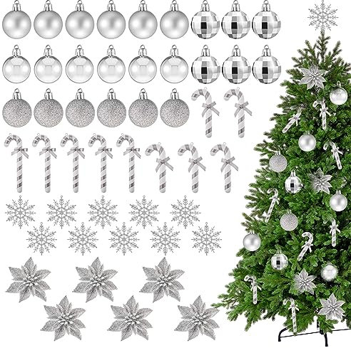 Harrycle 50 Pcs Silver Christmas Tree Decorations Christmas Baubles Small Ball Ornaments Artificial Glitter Snowflake Decorative Poinsettia Flowers Candy Cane for Xmas Tree Topper Outdoor Home