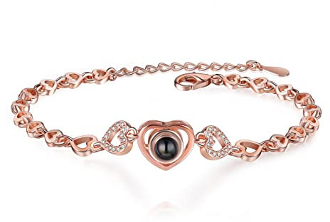 lorajewel Braccialetto personalizzato con foto proiettate di coppia Bracciale in argento e oro rosa con amore Festa della mamma Festa del papà Gioielli di Natale (oro rosa-3)