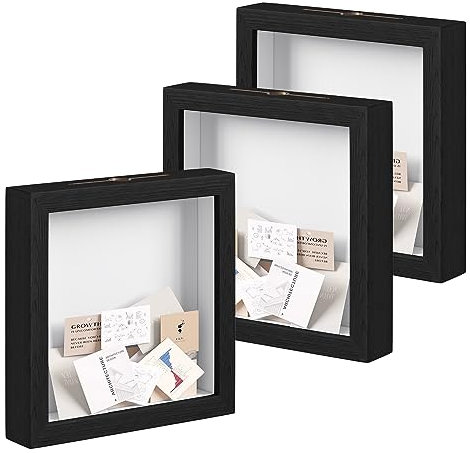 EUGAD 3er Set 3D Bilderrahmen zum Befüllen, Objektrahmen 20x20 cm, tiefer Rahmen für Objekte bis 3 cm, Holzrahmen Collage mit Papier-Passepartout, Schwarz