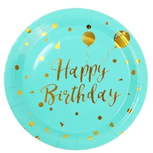 EVYIENEN 50PCS Happy Birthday Party Paper Plates,7inch Disposable White and Gold Plates Set,Party Tableware Party Supplies for Birthday Decorations (Green and Gold, 7inch)