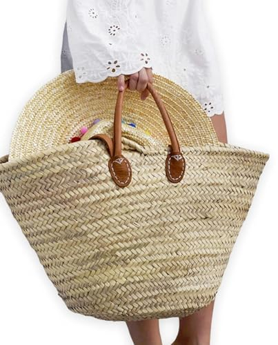 PANIER FRANÇAIS avec doubles anses en cuir, Élégance et Praticité Réunies pour Vos Promenades Chic! sac de paille, sac de plage, panier de courses, Cabas en osier écologique