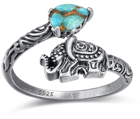 BONLAVIE Türkis Ring, Damen Silber 925 Vintage Offener Elefantenmuster Birnenförmiger Ringe Schmuck Geschenke für Damen