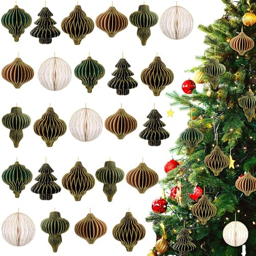 Janinka 24 Stück Weihnachtspapier Wabenornamente 3D Mini Glitzer Rand Wabenlaterne wiederverwendbar Vintage Weihnachten hängende neutrale Ornamente für Baum, Neujahr, Heimdekoration (helle Farbe)