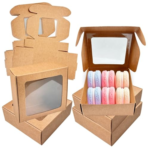 24 Pezzi Scatoline per Biscotti, 9.8x9.8x3.6cm Scatole Biscotti, 7x7cm Scatola con Finestra Trasparente, Scatole per Biscotti, Scatola per Biscotti Adatto per Compleanni Feste Sagre Regali Snack