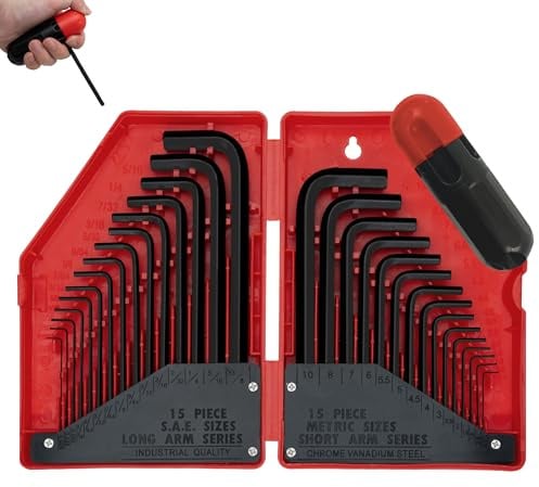 AMM 31-Piece Hex Key Wrench Set, Metric and SAE Allen Wrenches (0.028-3/8 inch, 0.7-10 mm) L Shape Allen Keys, Chrome Vanadium Steel