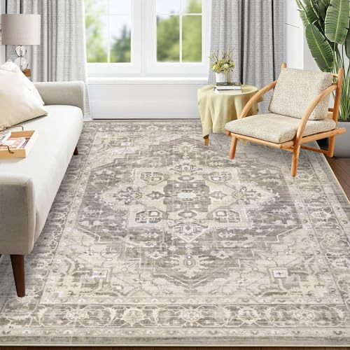 Pauwer Boho-Teppich, 20,3 x 25,4 cm, groß, waschbar, für Wohnzimmer, weicher Vintage-Schlafzimmerteppich, Bauernhaus, rutschfest, niedriger Flor, für Esszimmer, Eingangsbereich, Wohnheim, Naturbrauner