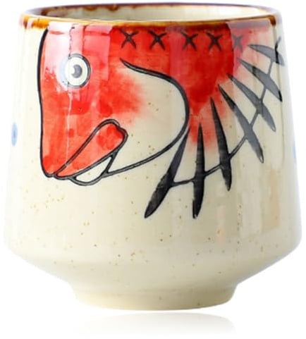 Japanese Hand-Painted Ceramic Teacup with Red Fish Head Design - Ideal for Matcha Sake and Tea Ceremony 8Cm