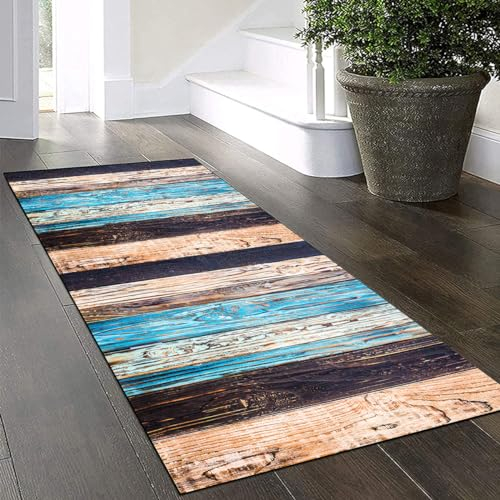 Yinghesheng Teppich Läufer 50x140cm Bunter Holzmaserung Patchwork Teppich für Flur Küche Wohnzimmer Schlafzimmer, 6mm Dicke Küchenläufer, rutschfest Polyester Waschbar Teppichläufer,Anpassbar