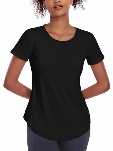 Deaviya Women's Sports T-Shirt Gym Tops, Short Sleeve Workout Casual Running Tops, Ladies Gym Yoga Sports Top, Crew Neck Fitness T-Shirts for Women, Loose Side Split Tee,Pure Black M