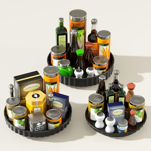 Lazy Susan Turntable, 3 Pack Lazy Susan, Lazy Susan Cupboard Organiser, Rotating Spice Rack for Inside Cupboard Non-Slip Fridge Lazy Susan Turntable (Black)