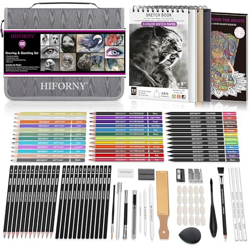HIFORNY 100-teiliges Zeichen- und Skizzierset, professionelles Kunstzubehör mit Graphit, Anthrazit, Buntstiften, Aquarellstiften, Mischwerkzeugen, Skizzenbuch und Malbuch in Reißverschlusstasche