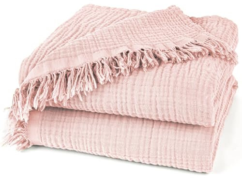 Pure Label Musselin Decke 220x240cm - Oeko-Tex zertifizierte Tagesdecke aus 100% Baumwolle | Musselin Wohn- & Kuscheldecke für Couch und Sofa in XXL | 220 x 240 cm, Farbe der Decke Rosa
