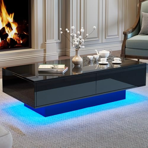 Soweiz Moderner Hochglanz Couchtisch, Einfach Couchtisch mit 2 Schubladen, LED-Beleuchtung und 30 kg Tragkraft – Eleganter Wohnzimmertisch, 115 x 55 x 34 cm (Schwarz)
