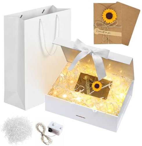 Idota Geschenkbox mit Deckel Magnetisch, 26 x 19 x 8cm Weiß Geschenk Box Schleife Geschenkkarton Geburtstag mit Tragetasche, Raffia, Grußkarten, Licht, Geschenkverpackung für Hochzeit Geburtstag M