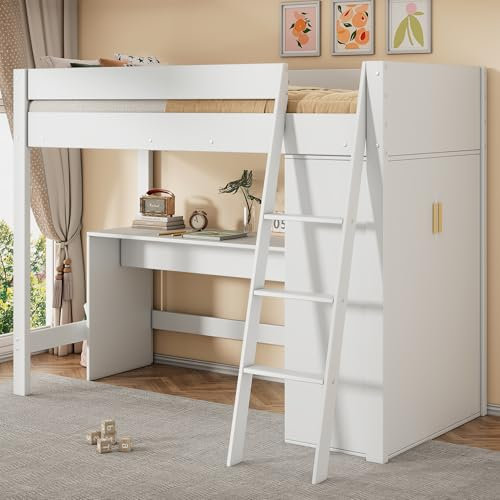 Merax Hochbett 90 x 200 cm mit Schreibtisch und Schrank, multifunktionales Kinderbett für Einzelbett, mit Stauraum, weiß (ohne Matratze)