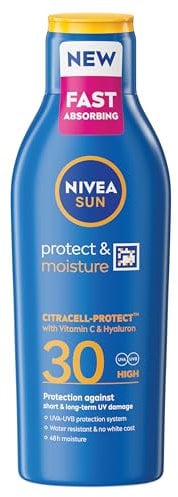NIVEA SUN Protect & Moisture Sun Cream Lotion SPF 30 (400 ml), Sun Lotion with Vitamin C and Hyaluron, Provides 48H Moisture and Immediate UVA & UVB Protection, Water-Resistant, Leaves No White Cast