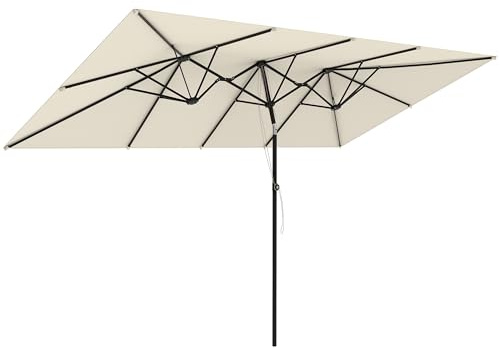 Outsunny Ombrellone da Giardino Doppio Inclinabile e Regolabile in Altezza, Ombrellone da Esterno con Cordicella e 12 Stecche in Metallo, 295x150x170-214 cm, Crema