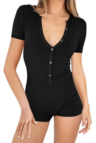 LACOZY Summer Short Sleeve Jumpsuits for Women Sexy V Neck Onesie Shorts Romper Y2k Gym Bodysuit One Piece Pajama Set Black S