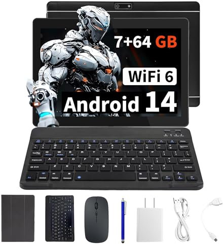 Veidoo Tableta Android portátil 2 en 1 con teclado, mouse y lápiz capacitivo, tableta IPS HD de 10.1 pulgadas con 7 GB de RAM (3 GB + 4 GB) 64 GB ROM ampliable a 512 GB, procesador Octa-Core, WiFi 6