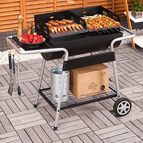 ZMJGLL Halber Ölfasskocher mit Rad Grill Grill Feld Ölfass Grill Grill Haushalt Klappbarer Holzkohlegrill