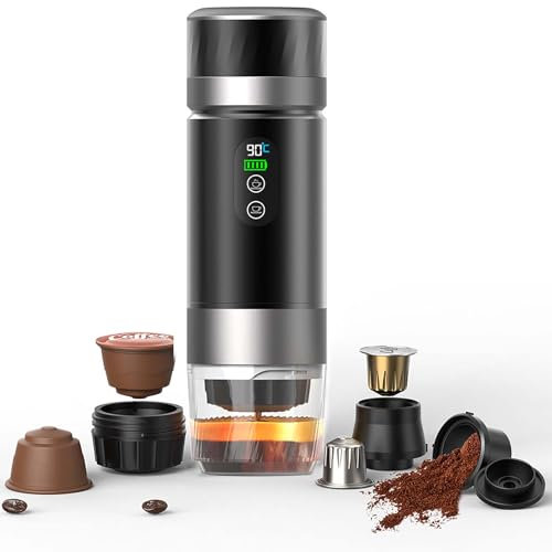 VHV Machine à Cafe Portable,3 En 1 Cafetière à Expresso Chauffage Électrique,12V Expresso Cafetière Rechargeable,Pour Bureau,Voyage, Maison,Compatible avec les Capsules Espresso et Café Moulu