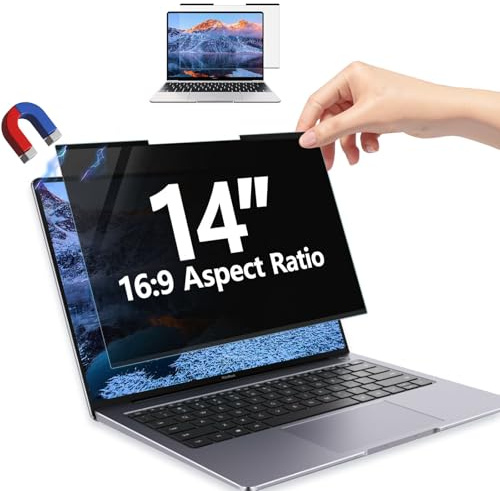 GUDTEKE Magnetic 14 Inch Laptop Privacy Screen 16:9 Aspect Ratio, Removable Anti-Blue/Glare Protector Film, Anti Spy Desktop Security Private Filter 14in