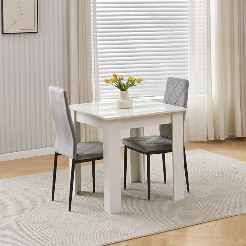 Homullel 75x75 cm Kleiner Esstisch mit 2 Stühlen Esszimmer Set für 2 Personen Kleiner Essgruppe für Küche, Esszimmer, Platzsparend (Flanellgrau #2, Weißer Tisch mit 2 Sitzen)