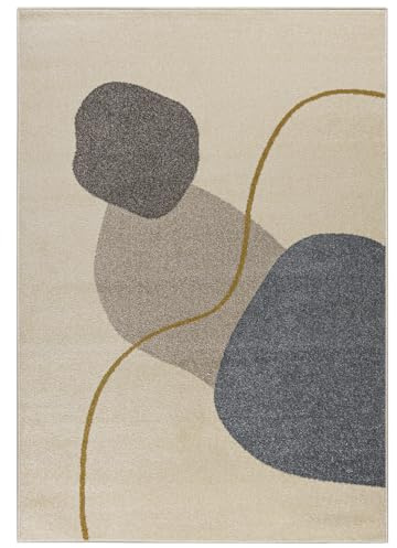 Mazovia Teppich Wohnzimmer 140x200cm Creme Anthrazit Geometrisch Weich | Teppich für Schlafzimmer Büro Esszimmer Beige Pflegeleicht Tierfreundlich Allergikerfreundlich Fußbodenheizungsgeeignet