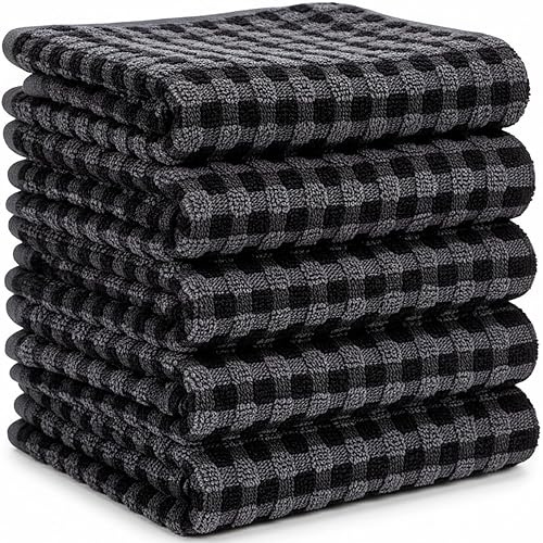 SPINGTON Luxury Popcorn Designed Tea Towels for Kitchen - Large Size 60 x 40 cm - 100% Cotton, Super Absorbent and Durable - Quick Drying Hotel Quality Towels (Grey & Black (Popcorn Design), 5 Pack)