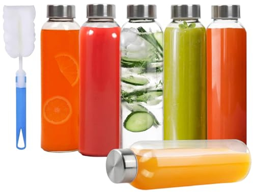 unbholkk 6 Stück Trinkflasche Glas, 500 ml Wiederverwendbare Trinkflaschen mit Edelstahlkappe, Glasflaschen zum Befüllen für Heiße & Kalte Getränke & Smoothies