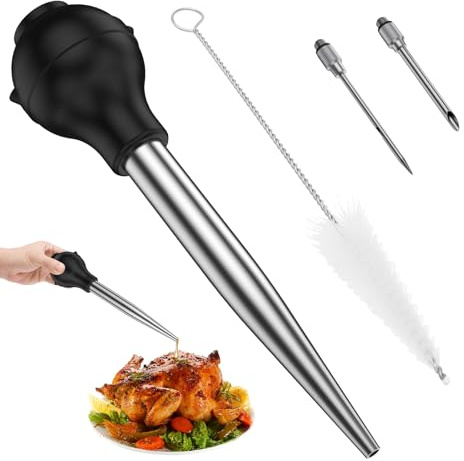 Stainless Steel Turkey Baster Commerical Grade Quality Rubber Bulb Including Marinade Injector Needle and Brush Kitchen Gadget for Oiling and Marinating Turkey Beef Pork Fish