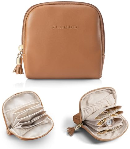 VLANDO Schmuckkästchen Reise Schmuckaufbewahrung, mit 6 Tasche Für Schmuck | Travel Essentials,Geschenk für Damen,Travel Accessories,Schmucktasche Für Ohrringe,Halsketten,Ringe,,Dunkelbraun