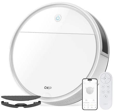 OKP Robot Aspirador y Fregasuelos, 5000pa, 180min, 190° PSD Evitación Precisa Obstáculos, Carga Automática,Aumenta Succión en Alfombra, Robot Aspiradora con 4 Modos de Limpieza, WiFi/App/Alexa