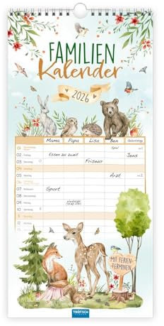 TRÖTSCH - Familienkalender Waldfreunde 2026 : Wandkalender Familienterminer | 5 Spalten