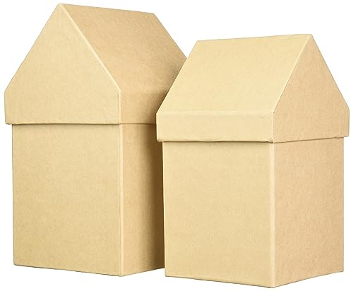 Rayher Pappmaché Boxen Häuser, 2 kleine Pappschachteln mit Deckel, FSC zertifiziert, Set 2 Stück, 13,3 x 13,3 cm, 23 cm hoch + 11,5 x11,5 cm, 20 cm hoch, zum Gestalten und Dekorieren, 67216000
