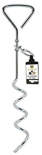 SunGrow Heavy-Duty Steel Dog Tie-Out Cable and Stake, Spiral Ground Anchor Spike with 360° Rotating Ring, Dog Tether Travel Accessories, Outdoor Yard Camping Accessories for Dogs up to 80 Pounds
