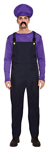 Mens Super Mario BROS Brothers Luigi Bad Guy Waluigi Purple Fancy Dress Costume Workman Plumber