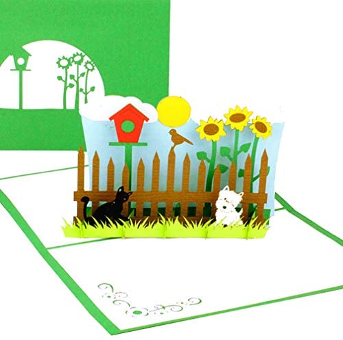 3D Pop Up Karte „Unser Garten“ - Geburtstagskarte Gärtner mit Hund, Katze und Vogelhaus zum Eigenheim, Hauskauf & Einladung Gartenfest