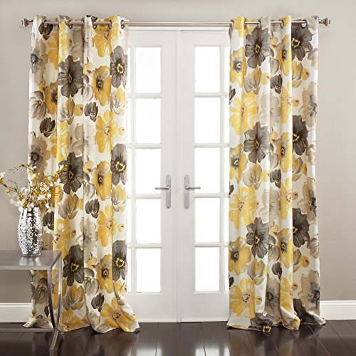 Lush Decor Leah Light Filtering Window Curtain Panels, Pair, 52 W x 120 L, Yellow & Gray - Floral Drapes for Bedroom - Yellow Curtains -Farmhouse Decor