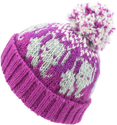 LOUDelephant Wolle Strick Beanie-Mütze mit Bommel - Elefant - Rosa Weiß, One Size