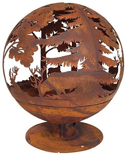 Echte kugelförmige Feuerstelle auf Fuß, rund, Hirschmotiv, Wald, zum Aufstellen, aus Eisen, antik, rostfrei, 58 x 58 x 66 cm