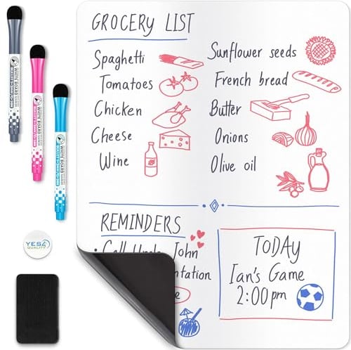Magnetic Dry Erase Whiteboard Sheet for Fridge - A3 / 17x11 / 43x28cm - Stain-Resistant w/ 3 Markers & Big Eraser with Magnets - Small Refrigerator White Board Planner & Organiser - by Yes4Quality